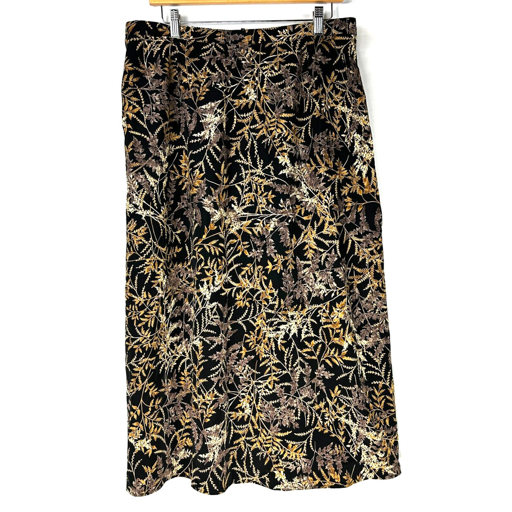 First Option Too Long Skirt Womens 1X Black Yellow All Over Print Elastic Waist